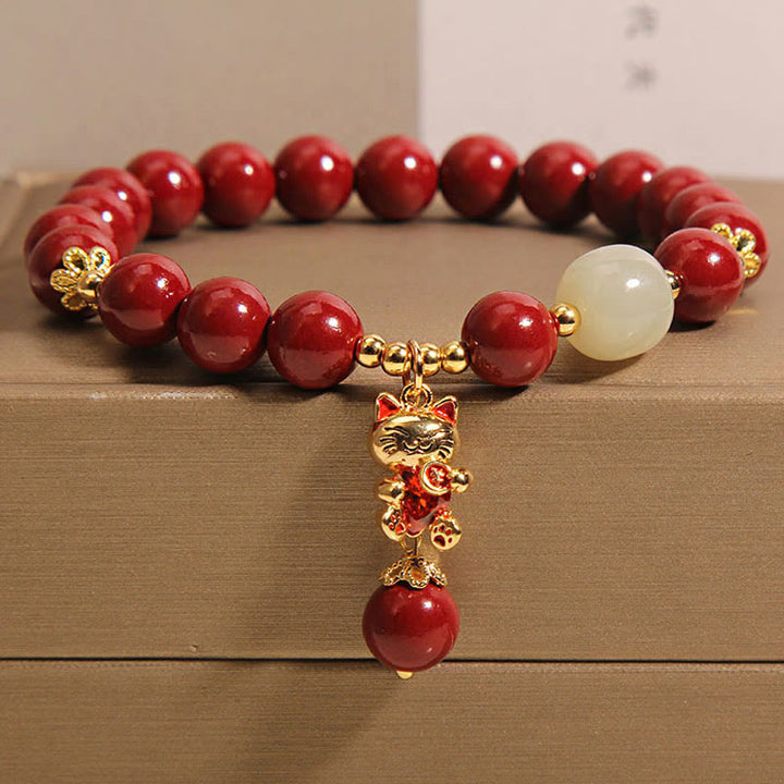 FREE Today: Blessing and Calm Natural Lucky Cat Pendant Cinnabar Bracelet - Cinnabar(Wrist Circumference: 16-18cm) - image 1