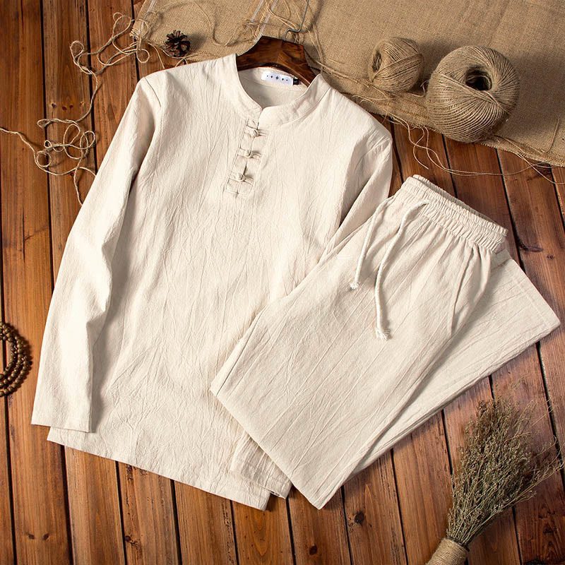 Buddha Stones Pure Color Cotton Linen Long Sleeve Top Pants Clothing Men's Set - Moccasin - US/UK/AU46，EU56 (5XL) - image 1