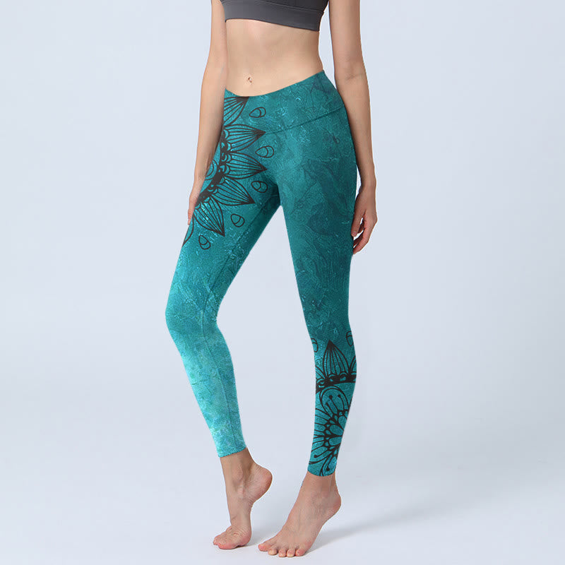 Buddha Stones Green Sunflowers Blossoms Print Gym Leggings Women's Yoga Pants - CadetBlue - US18，UK/AU22，EU50 (4XL) - image 0