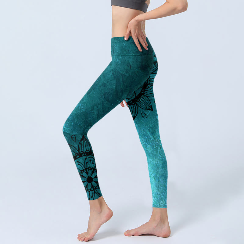 Buddha Stones Green Sunflowers Blossoms Print Gym Leggings Women's Yoga Pants - image 3