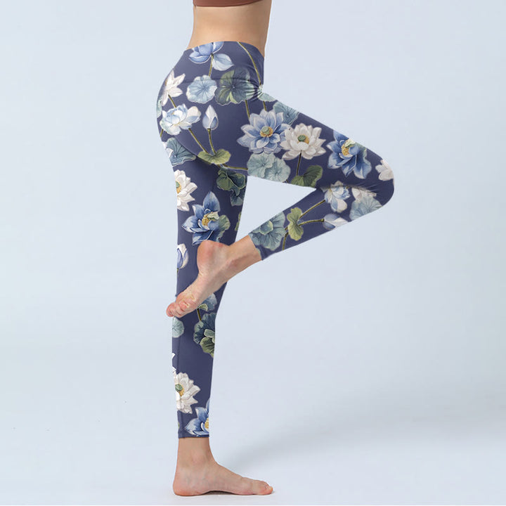 Buddha Stones Blue White Lotus Flowers Oil Painting Print Gym Leggings Women's Yoga Pants - image 4