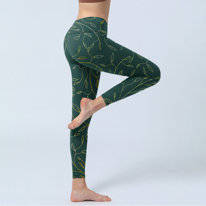 Buddha Stones Green Golden Leaves Branches Print Gym Leggings Women's Yoga Pants - image 4
