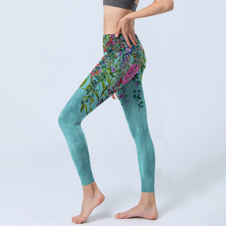 Buddha Stones Vibrant Flowers Green Willow Leaves Print Gym Leggings Women's Yoga Pants - image 2