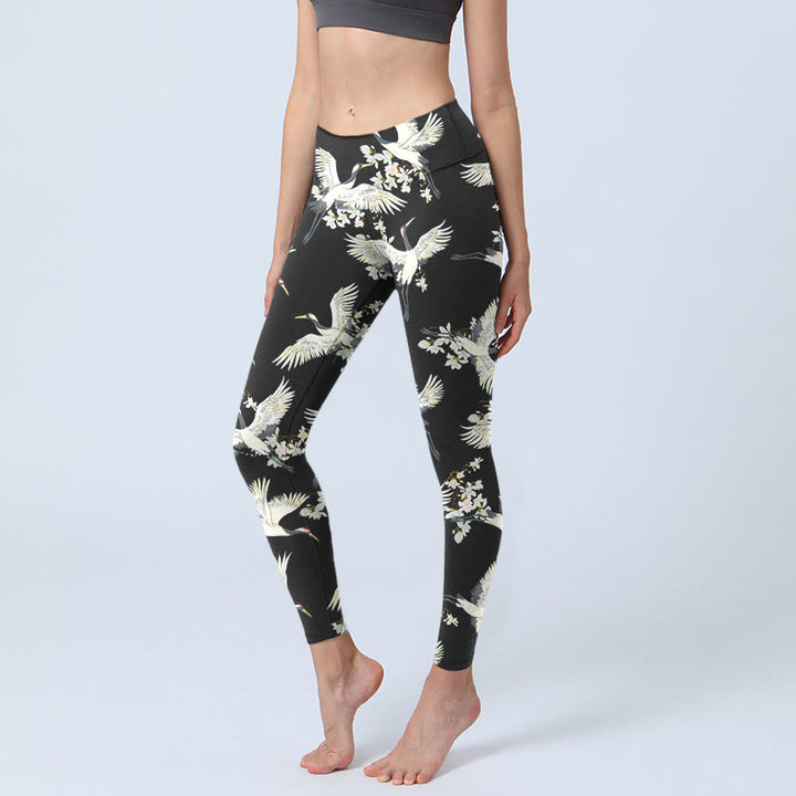 Buddha Stones White Cranes Blossoms Print Gym Leggings Women's Yoga Pants - Black - US18，UK/AU22，EU50 (4XL) - image 1