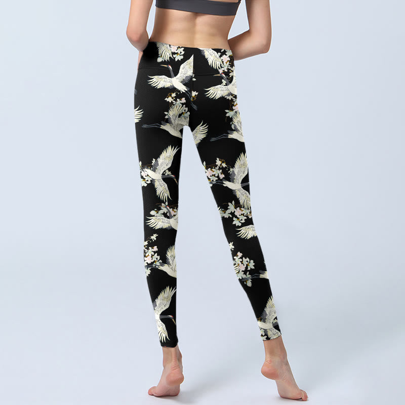 Buddha Stones White Cranes Blossoms Print Gym Leggings Women's Yoga Pants - image 6
