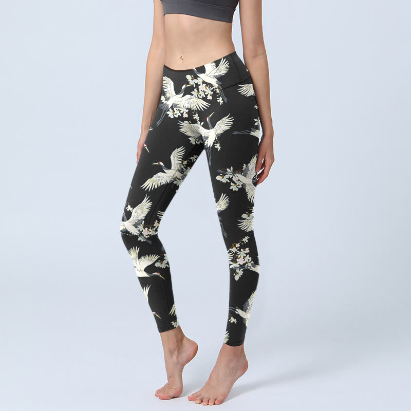 Buddha Stones White Cranes Blossoms Print Gym Leggings Women's Yoga Pants - Black - US18，UK/AU22，EU50 (4XL) - image 0