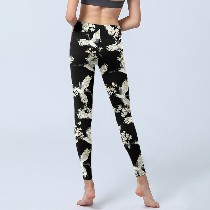Buddha Stones White Cranes Blossoms Print Gym Leggings Women's Yoga Pants - image 7