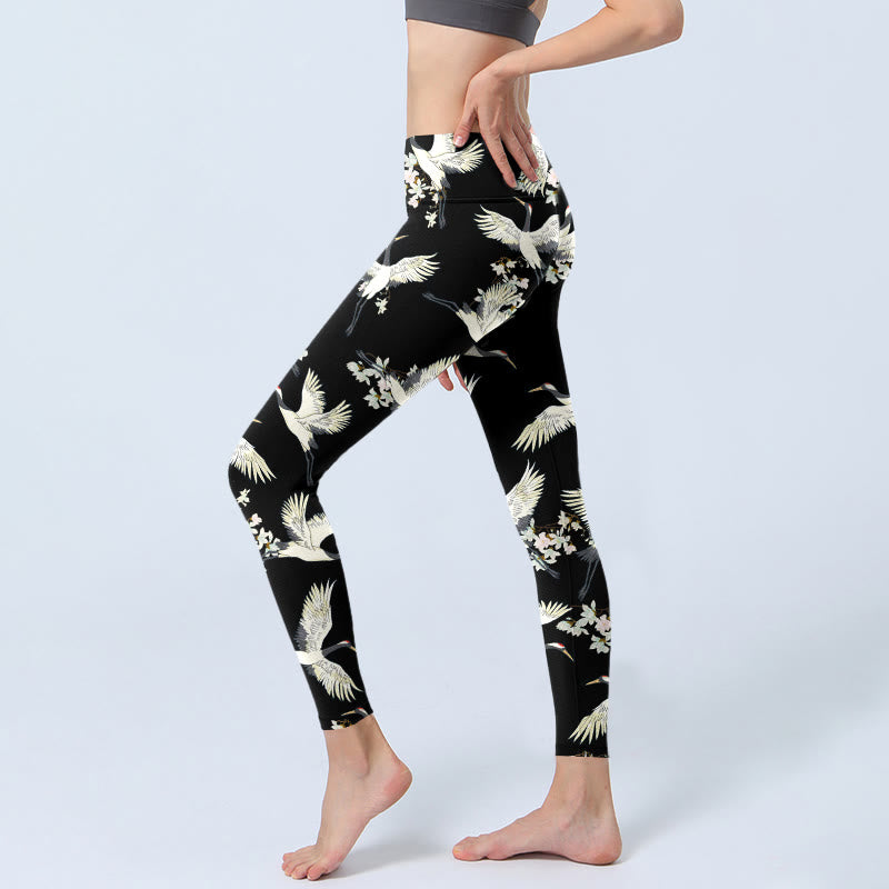Buddha Stones White Cranes Blossoms Print Gym Leggings Women's Yoga Pants - image 8