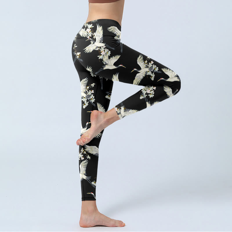 Buddha Stones White Cranes Blossoms Print Gym Leggings Women's Yoga Pants - image 4