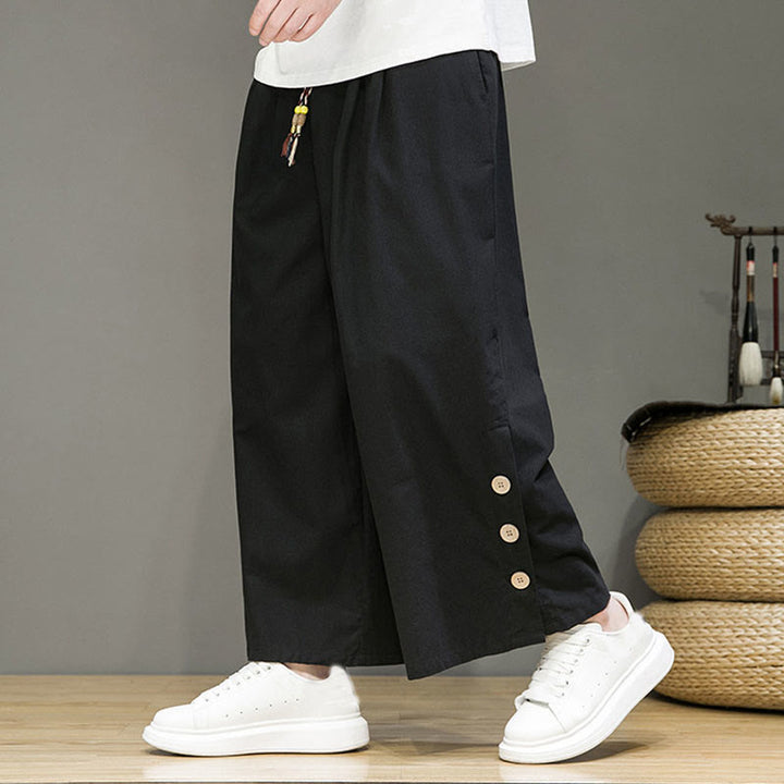 Buddha Stones Solid Color Linen Buttons Drawstring Men's Straight Leg Pants With Pockets - Black - US/UK/AU46，EU56 (5XL) - image 7