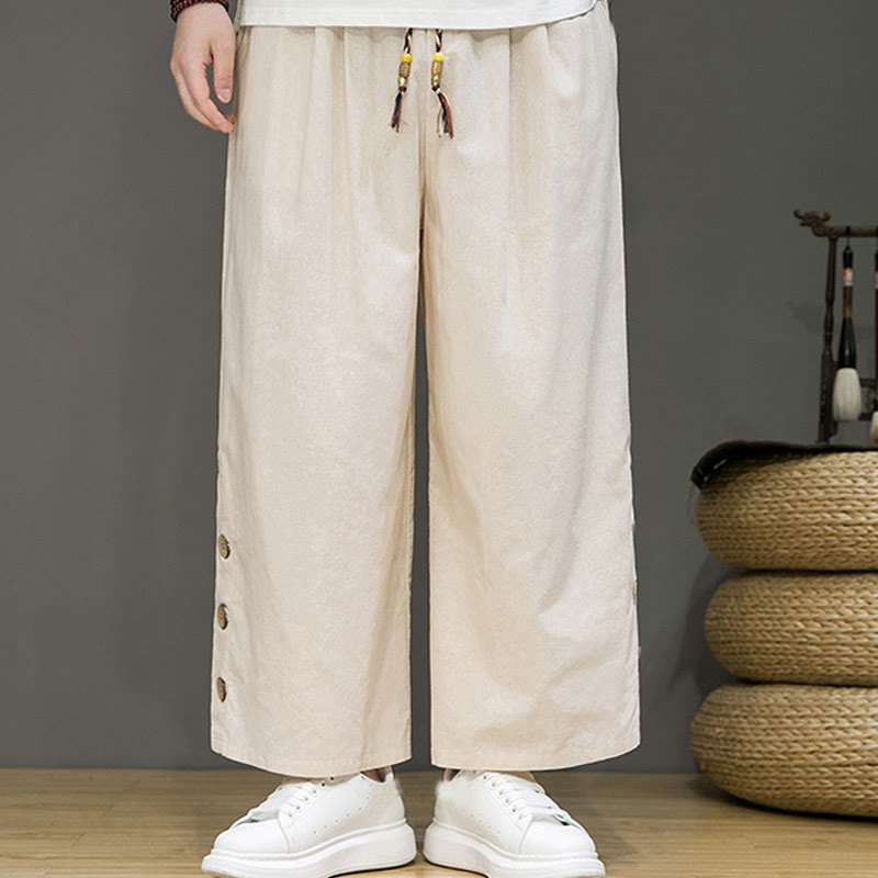 Buddha Stones Solid Color Linen Buttons Drawstring Men's Straight Leg Pants With Pockets - image 1