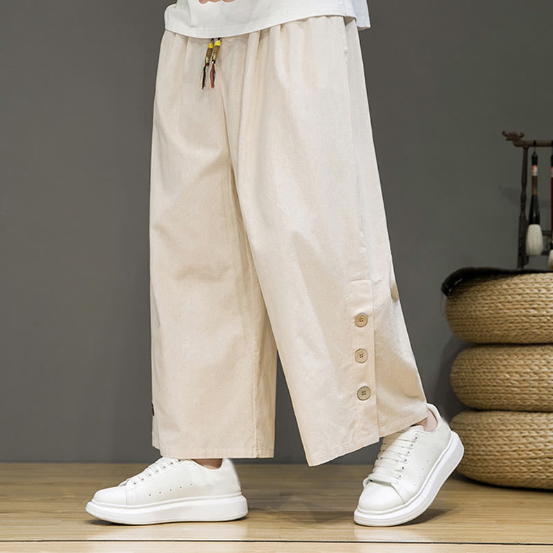 Buddha Stones Solid Color Linen Buttons Drawstring Men's Straight Leg Pants With Pockets - Beige - US/UK/AU46，EU56 (5XL) - image 0
