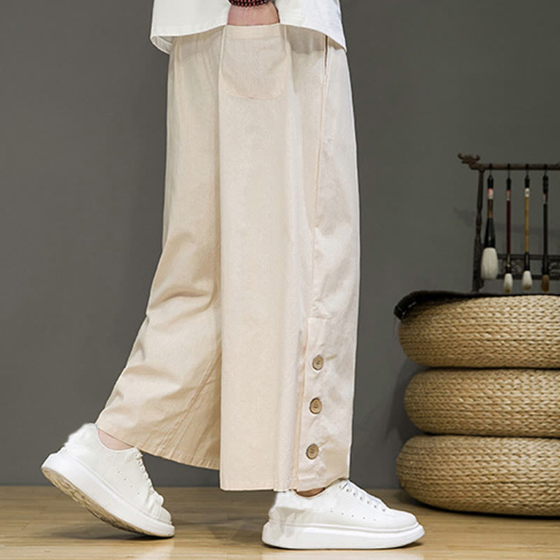 Buddha Stones Solid Color Linen Buttons Drawstring Men's Straight Leg Pants With Pockets - image 3