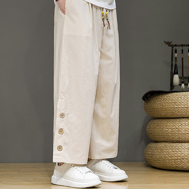 Buddha Stones Solid Color Linen Buttons Drawstring Men's Straight Leg Pants With Pockets - image 2