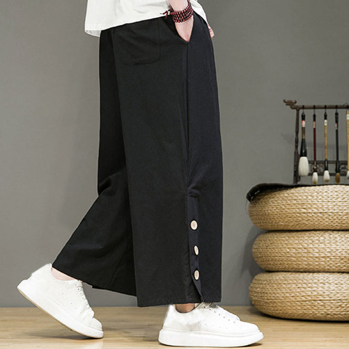 Buddha Stones Solid Color Linen Buttons Drawstring Men's Straight Leg Pants With Pockets - image 9