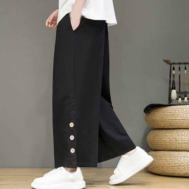 Buddha Stones Solid Color Linen Buttons Drawstring Men's Straight Leg Pants With Pockets - image 8