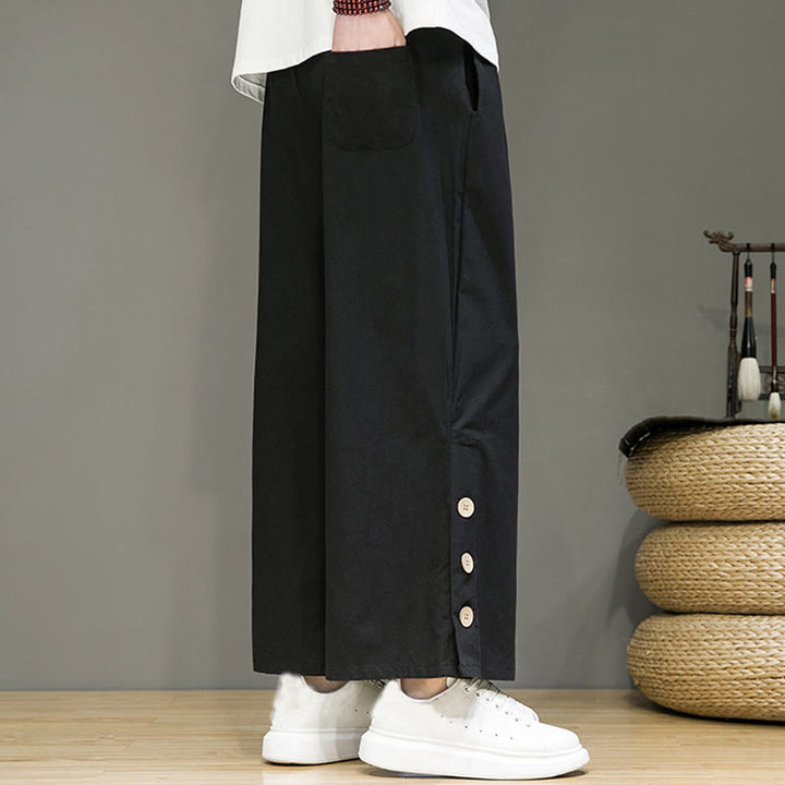 Buddha Stones Solid Color Linen Buttons Drawstring Men's Straight Leg Pants With Pockets - image 10