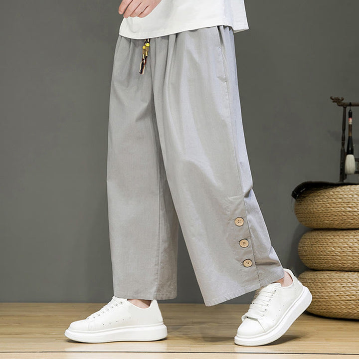 Buddha Stones Solid Color Linen Buttons Drawstring Men's Straight Leg Pants With Pockets - image 19