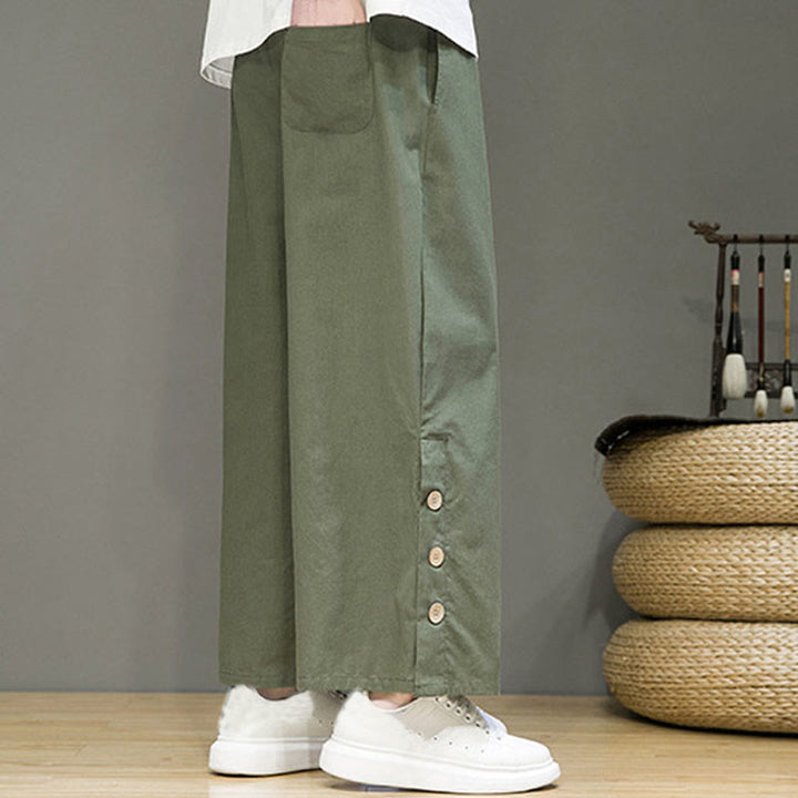 Buddha Stones Solid Color Linen Buttons Drawstring Men's Straight Leg Pants With Pockets - image 28