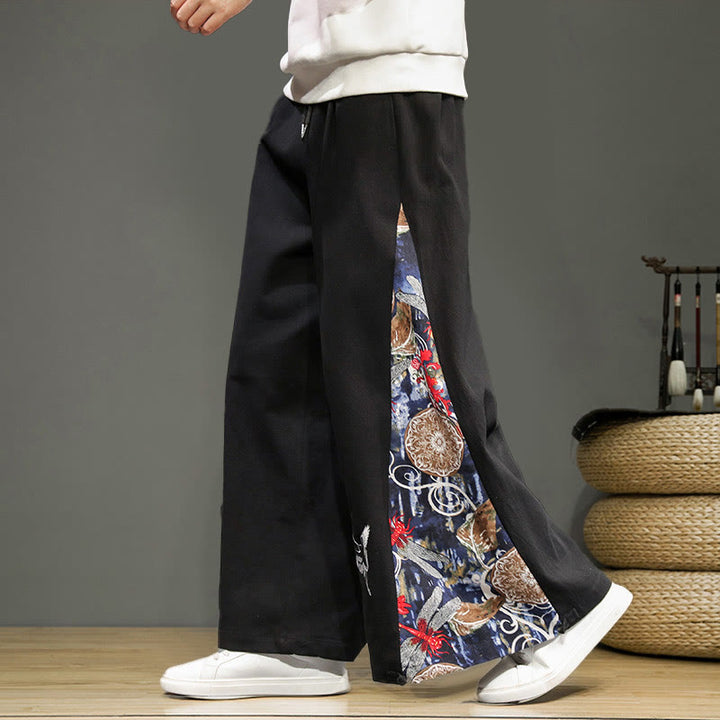 Buddha Stones Crane Embroidery Drawstring Men's Cotton Linen Wide Leg Pants With Pockets - Black - US/UK/AU46，EU56 (5XL) - image 9