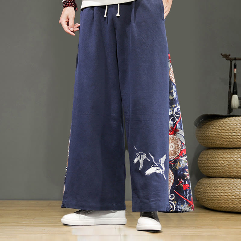 Buddha Stones Crane Embroidery Drawstring Men's Cotton Linen Wide Leg Pants With Pockets - SteelBlue - US/UK/AU46，EU56 (5XL) - image 1
