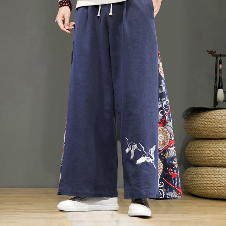 Buddha Stones Crane Embroidery Drawstring Men's Cotton Linen Wide Leg Pants With Pockets - SteelBlue - US/UK/AU46，EU56 (5XL) - image 1