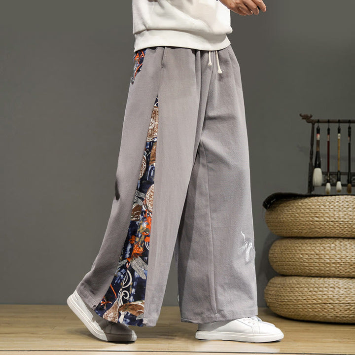 Buddha Stones Crane Embroidery Drawstring Men's Cotton Linen Wide Leg Pants With Pockets - LightGrey - US/UK/AU46，EU56 (5XL) - image 22