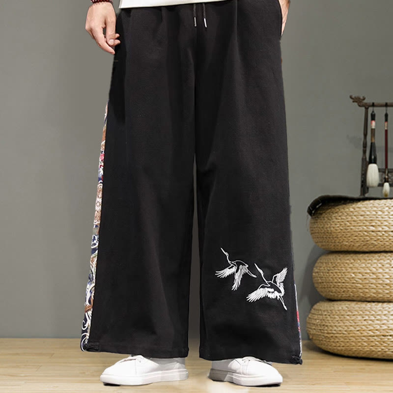 Buddha Stones Crane Embroidery Drawstring Men's Cotton Linen Wide Leg Pants With Pockets - image 14