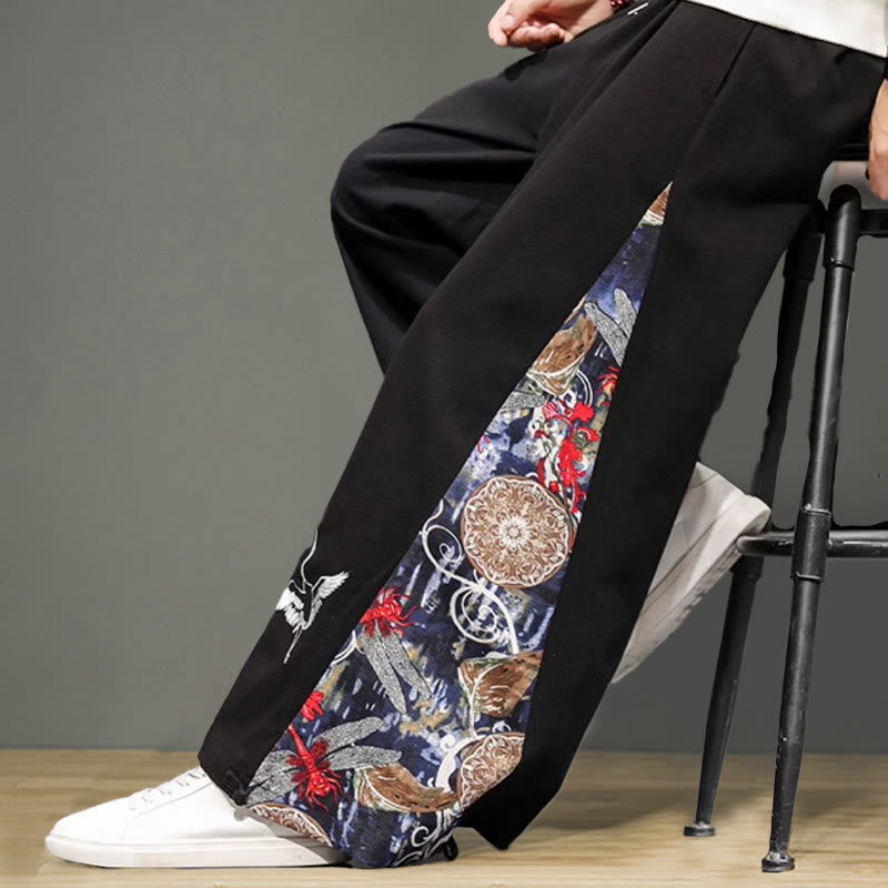 Buddha Stones Crane Embroidery Drawstring Men's Cotton Linen Wide Leg Pants With Pockets - image 13