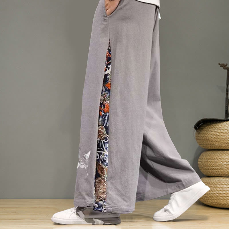 Buddha Stones Crane Embroidery Drawstring Men's Cotton Linen Wide Leg Pants With Pockets - image 23