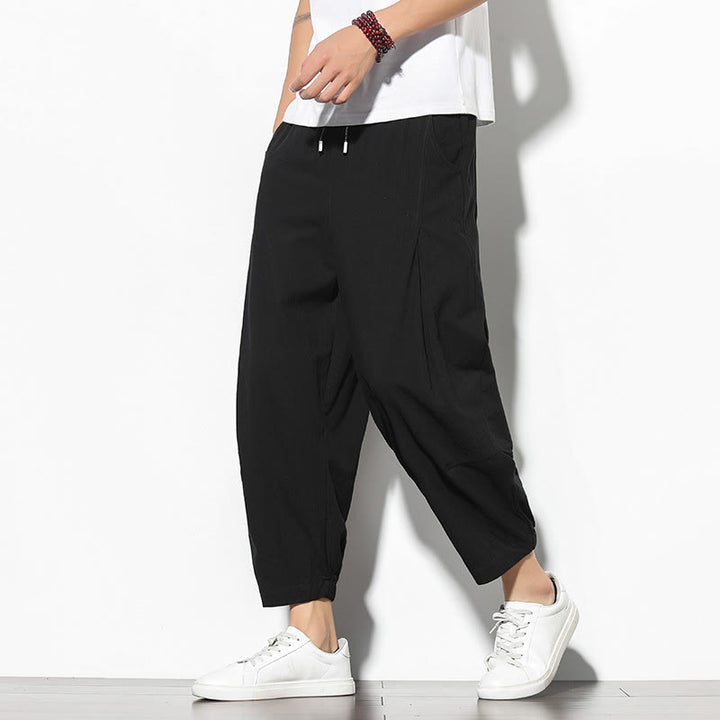 Buddha Stones Summer Men's 7-8 Length Cotton Linen Carrot Pants With Pockets - Black - US/UK/AU46，EU56 (5XL) - image 13