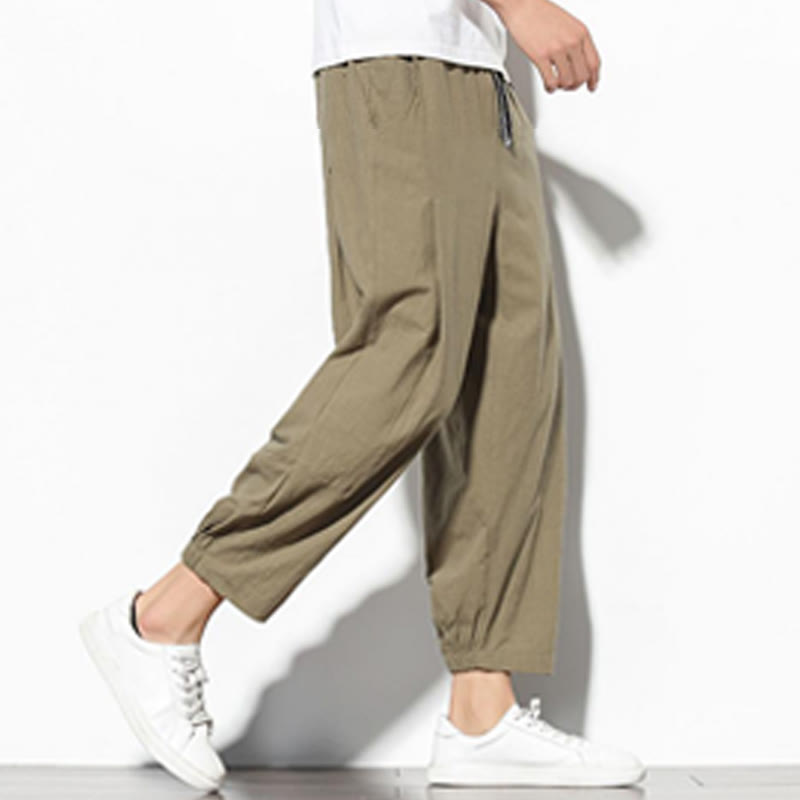 Buddha Stones Summer Men's 7-8 Length Cotton Linen Carrot Pants With Pockets - image 3