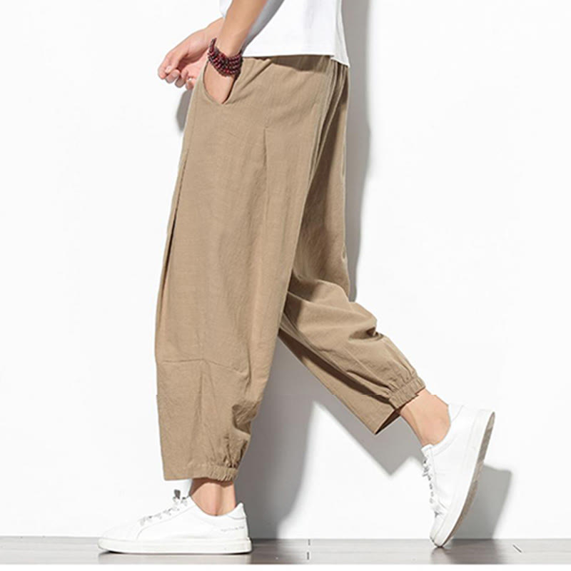 Buddha Stones Summer Men's 7-8 Length Cotton Linen Carrot Pants With Pockets - image 6