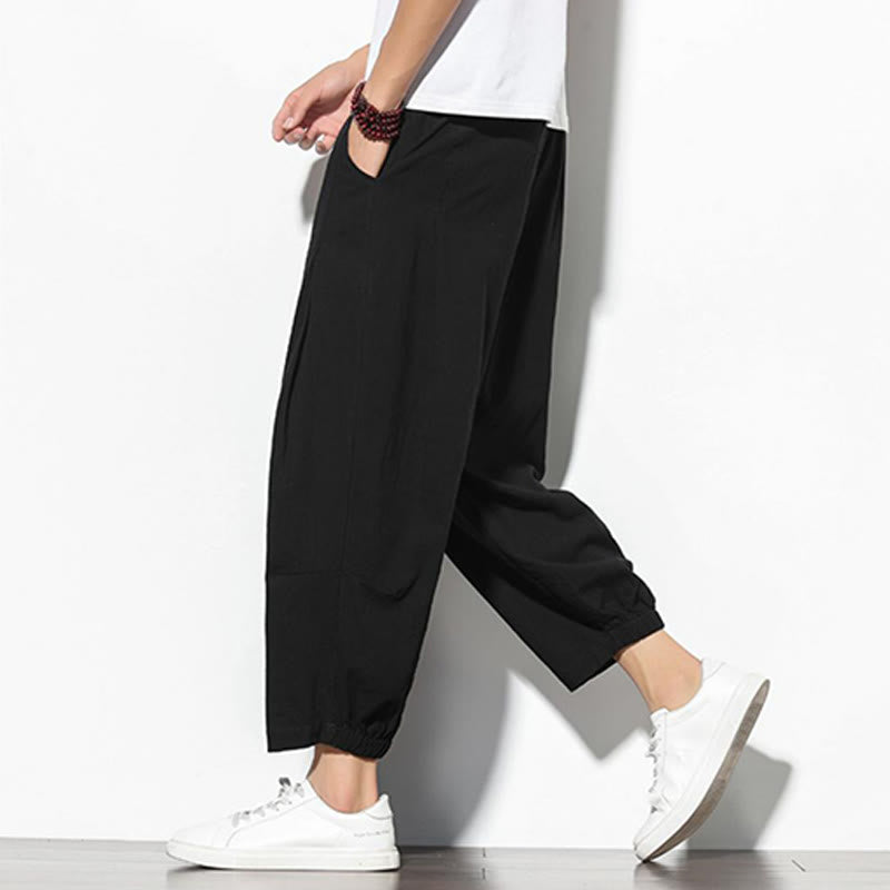 Buddha Stones Summer Men's 7-8 Length Cotton Linen Carrot Pants With Pockets - image 14