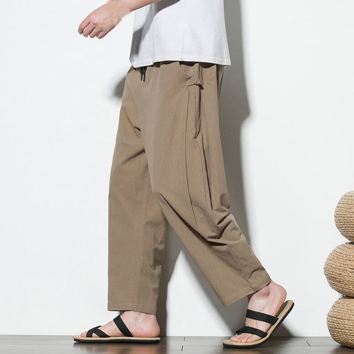 Buddha Stones Summer Side Frog-Button Design Men's Cotton Linen Pants With Pockets - Tan - US/UK/AU46，EU56 (5XL) - image 10