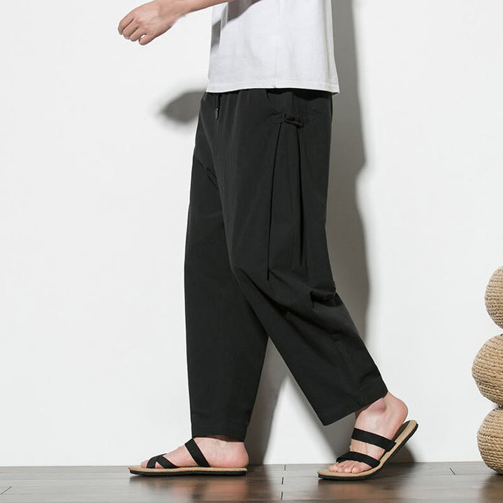Buddha Stones Summer Side Frog-Button Design Men's Cotton Linen Pants With Pockets - Black - US/UK/AU46，EU56 (5XL) - image 18