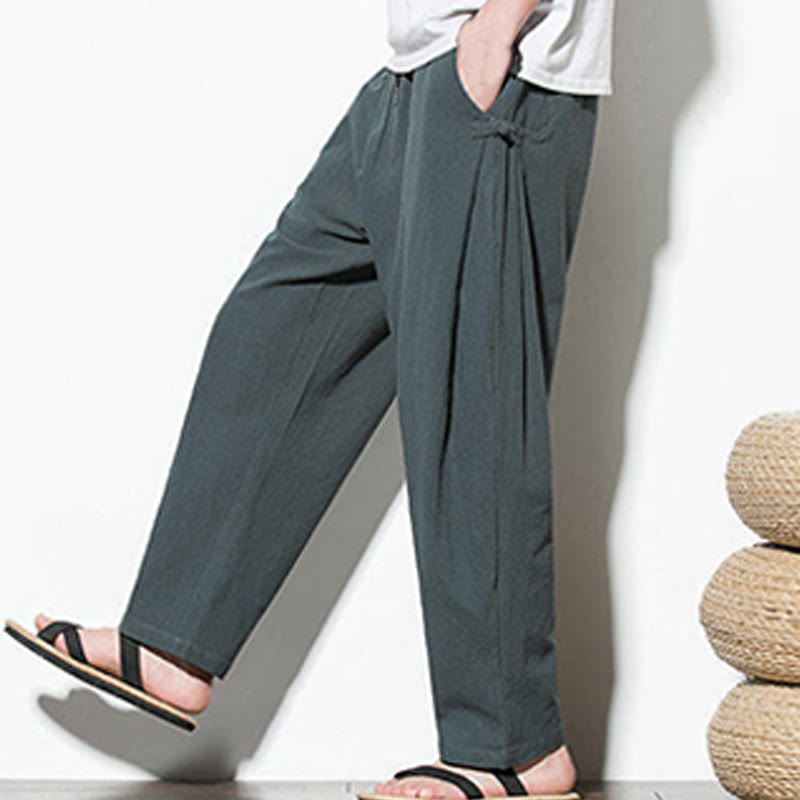 Buddha Stones Summer Side Frog-Button Design Men's Cotton Linen Pants With Pockets - image 8