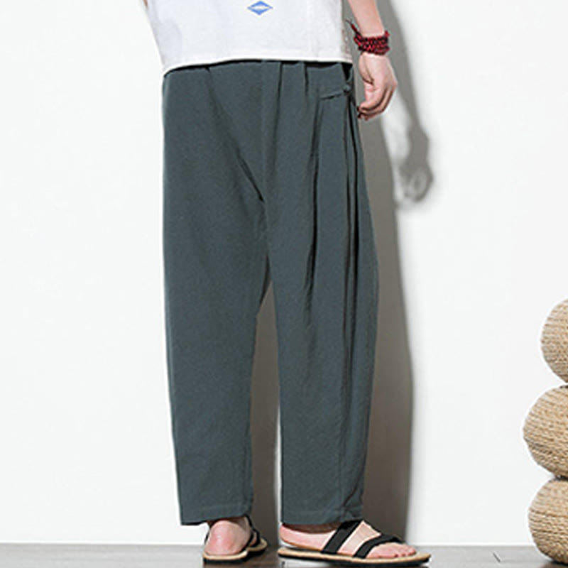 Buddha Stones Summer Side Frog-Button Design Men's Cotton Linen Pants With Pockets - image 5