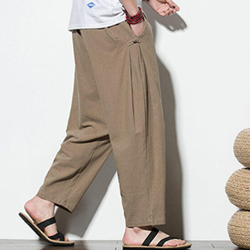 Buddha Stones Summer Side Frog-Button Design Men's Cotton Linen Pants With Pockets - image 13