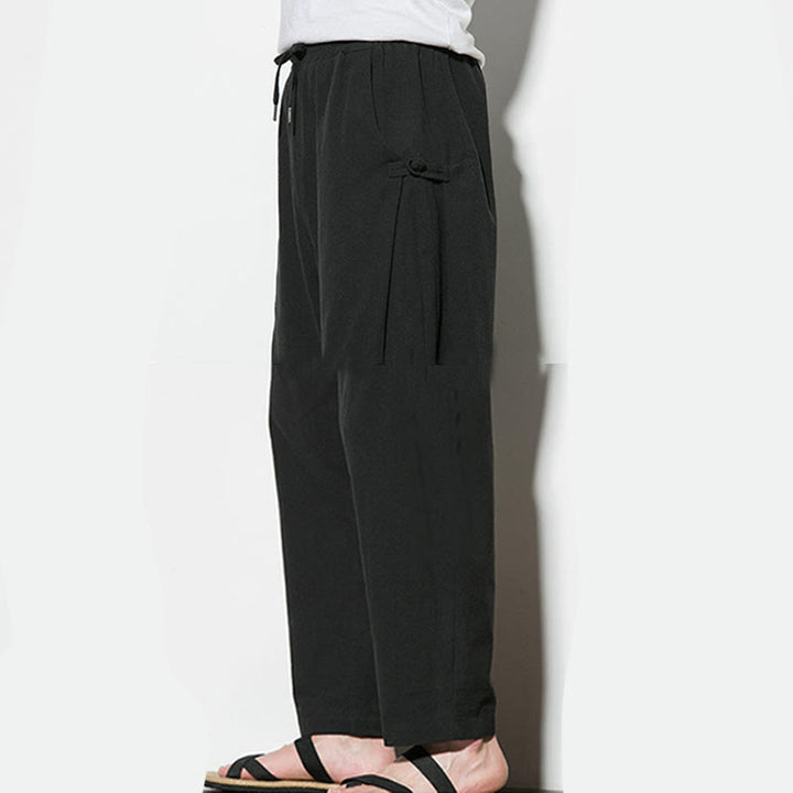 Buddha Stones Summer Side Frog-Button Design Men's Cotton Linen Pants With Pockets - image 23