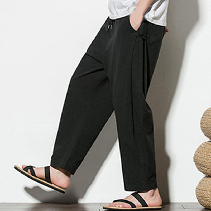 Buddha Stones Summer Side Frog-Button Design Men's Cotton Linen Pants With Pockets - image 24