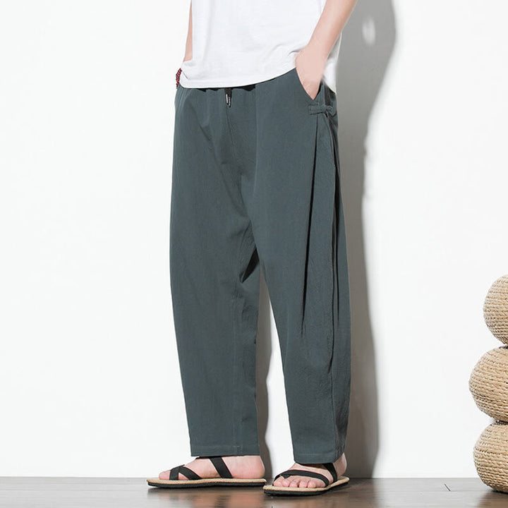 Buddha Stones Summer Side Frog-Button Design Men's Cotton Linen Pants With Pockets - image 7