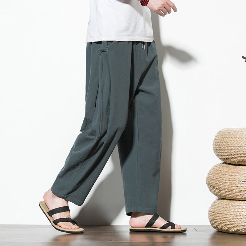 Buddha Stones Summer Side Frog-Button Design Men's Cotton Linen Pants With Pockets - image 2