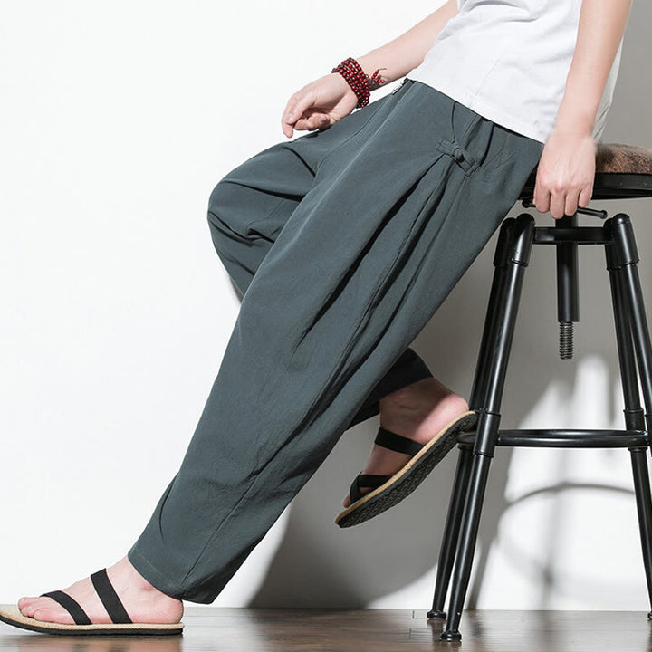 Buddha Stones Summer Side Frog-Button Design Men's Cotton Linen Pants With Pockets - image 9