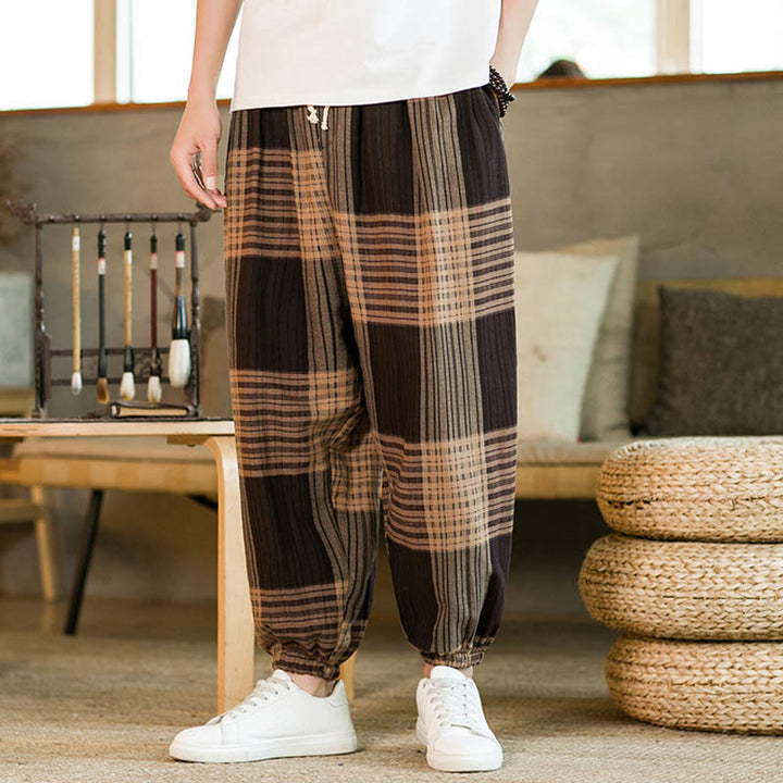Buddha Stones Summer Checkered Stripes Cotton Linen Men's Harem Pants With Pockets - image 3