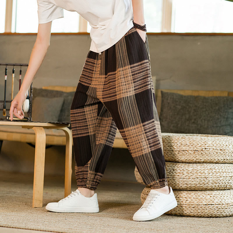 Buddha Stones Summer Checkered Stripes Cotton Linen Men's Harem Pants With Pockets - Tan - US/UK/AU46，EU56 (5XL) - image 1