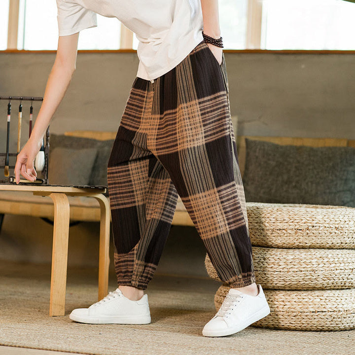 Buddha Stones Summer Checkered Stripes Cotton Linen Men's Harem Pants With Pockets - Tan - US/UK/AU46，EU56 (5XL) - image 1