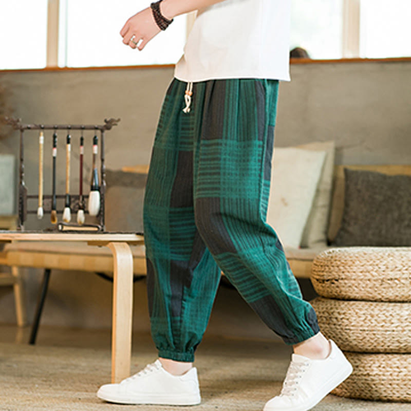 Buddha Stones Summer Checkered Stripes Cotton Linen Men's Harem Pants With Pockets - Green - US/UK/AU46，EU56 (5XL) - image 10