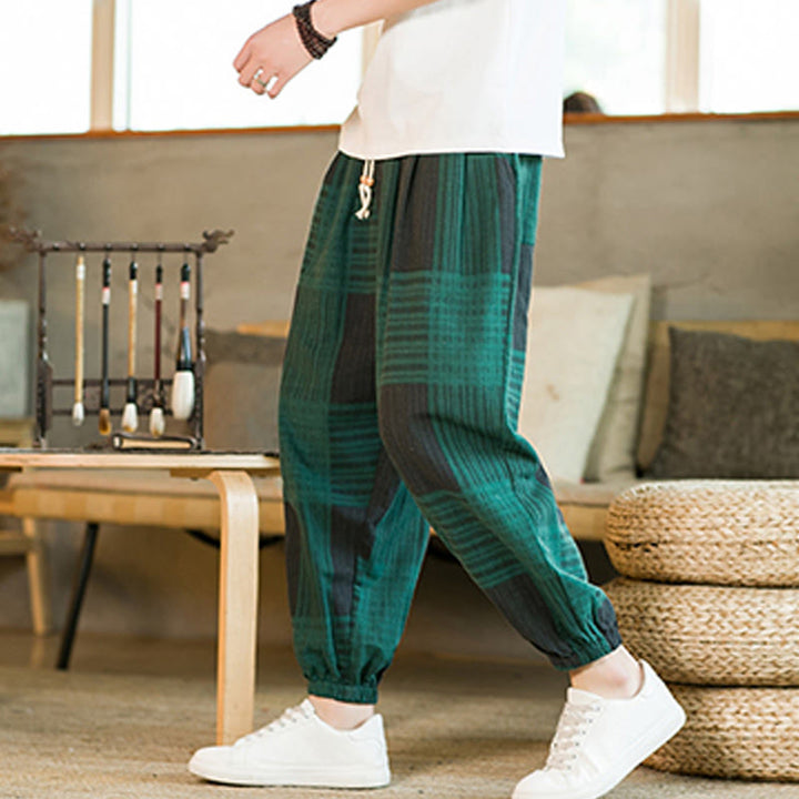 Buddha Stones Summer Checkered Stripes Cotton Linen Men's Harem Pants With Pockets - Green - US/UK/AU46，EU56 (5XL) - image 10