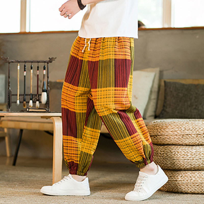 Buddha Stones Summer Checkered Stripes Cotton Linen Men's Harem Pants With Pockets - Orange - US/UK/AU46，EU56 (5XL) - image 20